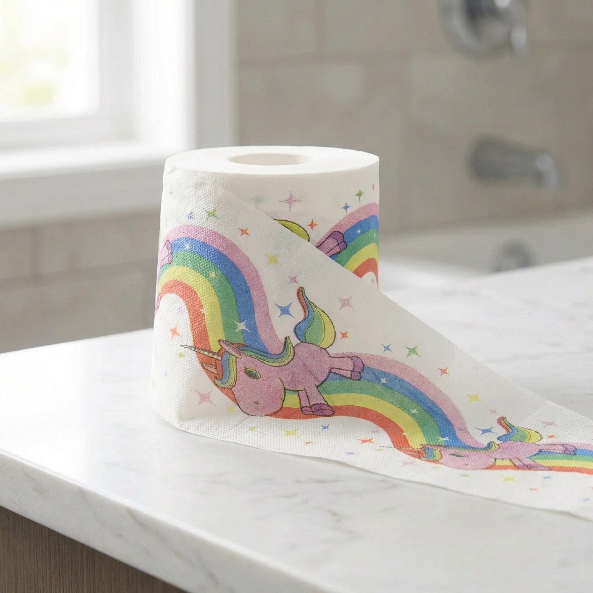 Eine Rolle Toilettenpapier mit bunten Einhörnern und Regenbogenmotiven