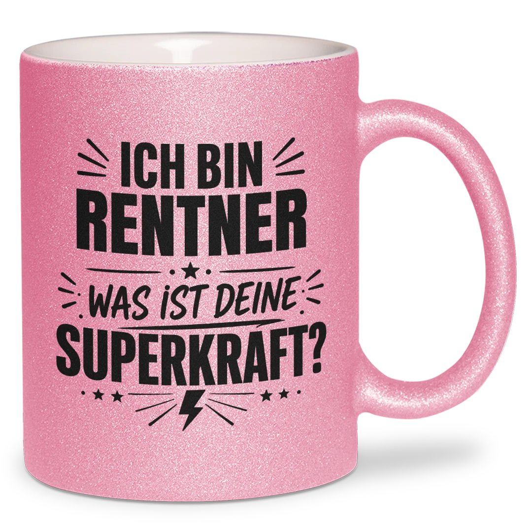 Rentner als Superkraft: eine Glitzertasse zum Ruhestand